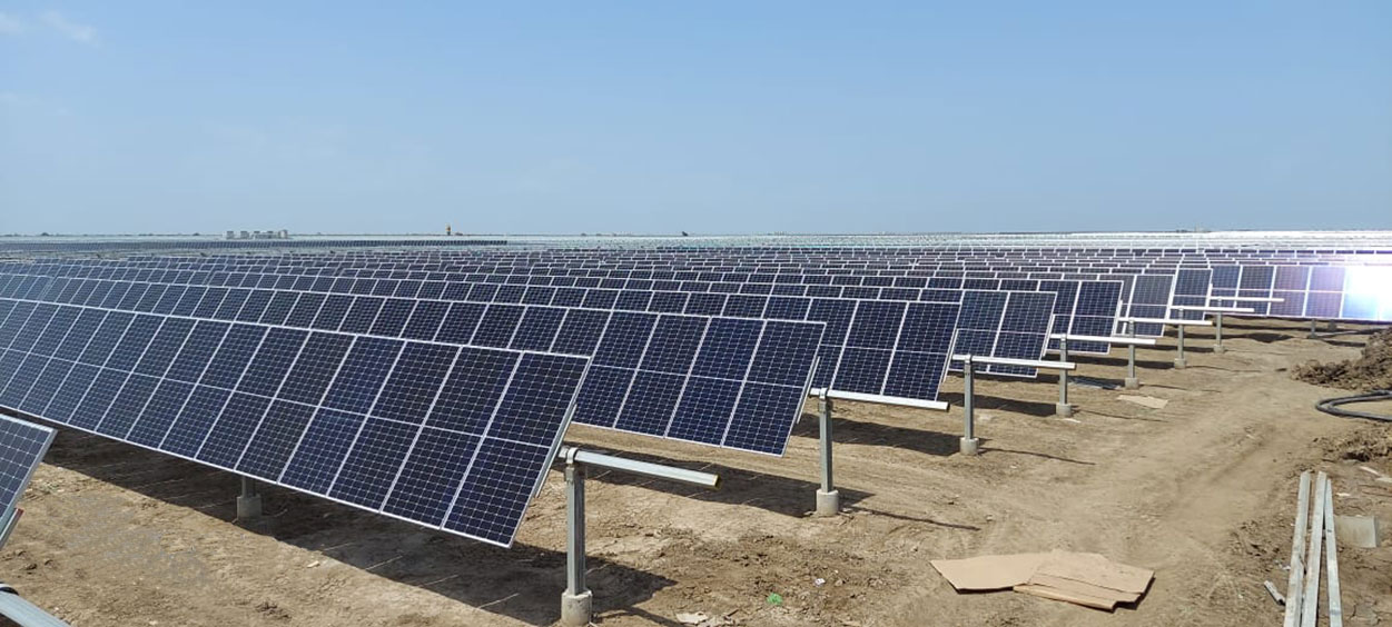 Close Up View of Solar Panel Farm Line by Line